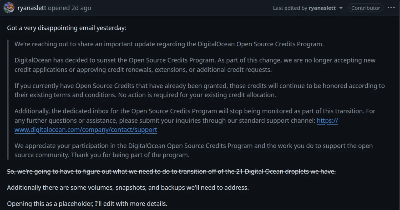 DigitalOcean Open Source Credits - دیجیتال اوشن به صورت یواشکی برنامه‌ی حمایت از متن‌باز را تعطیل کرد!