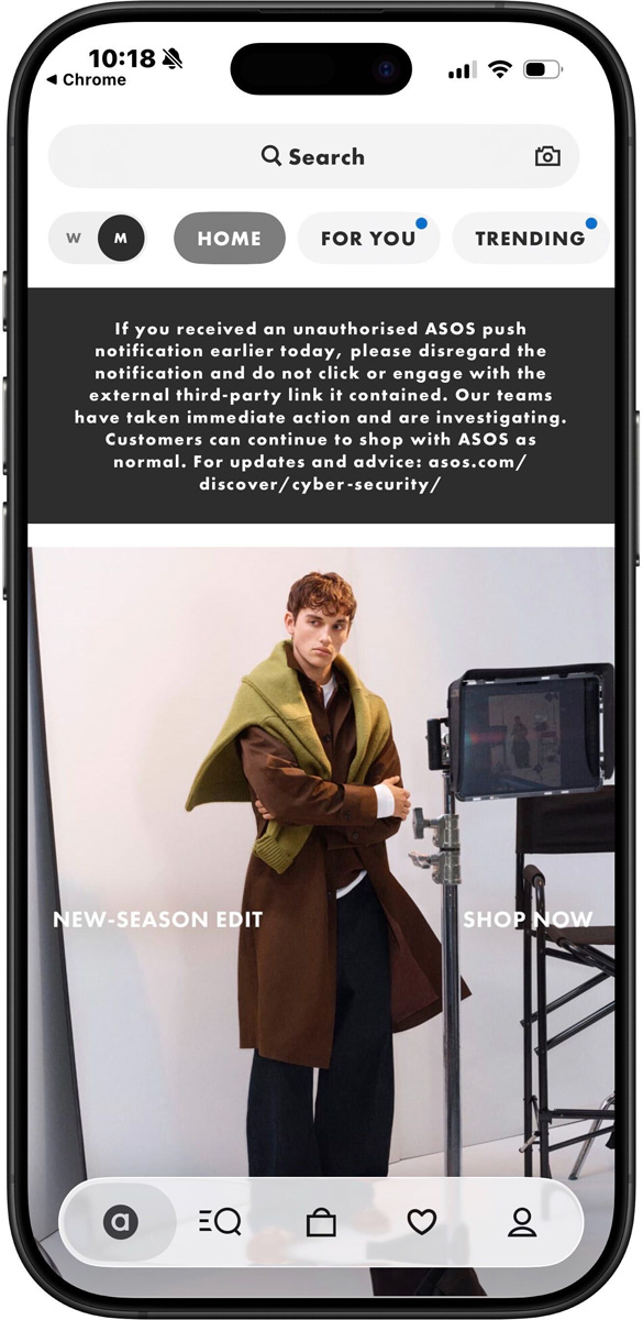 هک ASOS - هک شدن اپلیکیشن ASOS؛ هکرها با نوتیفیکیشن‌های عجیب کاربران را شوکه کردند!